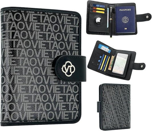 Passport Holder for Travel, RFID Blocking Leather Airtag Wallet for Women Men, Large Passport Cover Essentials Gift, Tickets, Cash, Photo, Sim Card Pen Slot - Black