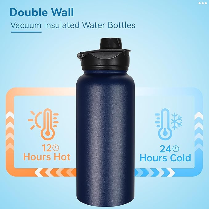 VEGOND 32 oz Insulated Water Bottle Stainless Steel Metal Water Bottles with Leak Proof Straw Lid & Spout Lid, Wide Mouth Double Walled Vacuum Travel Sports Bottle, Navy Blue