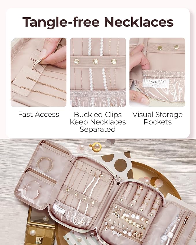 BAGSMART Travel Jewelry Case, Jewelry Organizer for Women Girls, Zipper Rings Holder Storage Pouch for Rolls Necklaces,Stud Earrings,Bracelets, Beige