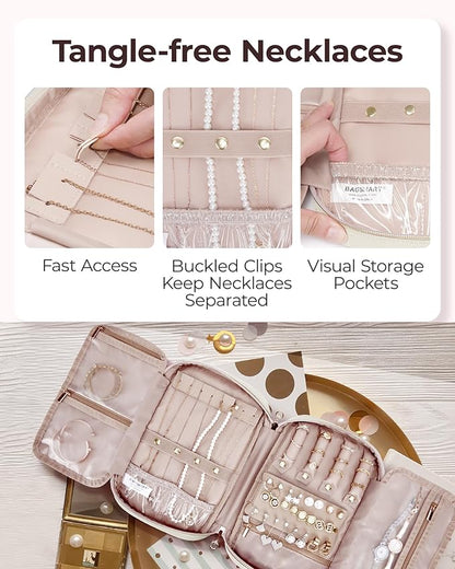 BAGSMART Travel Jewelry Case, Jewelry Organizer for Women Girls, Zipper Rings Holder Storage Pouch for Rolls Necklaces,Stud Earrings,Bracelets, Beige