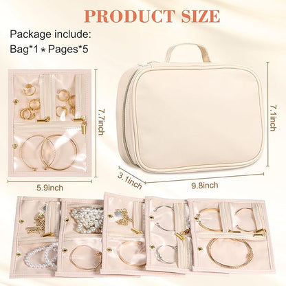 Travel Jewelry Organizer - Imitation Leather Travel Jewelry Case with Adjustable Pages, Jewelry Bag for Earrings,Rings,Necklaces,Bracelets-Perfect,Waterproof, Ideal for Trips & Gifts (Off-white)