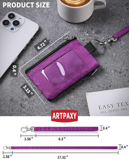 Minimalist Wallet For Mens Womens, Keychain RFID Blocking Zipper Small Wallet with ID Window 2 Lanyards,Water Resistant Travel Cash Card Coin Case Boys Girls