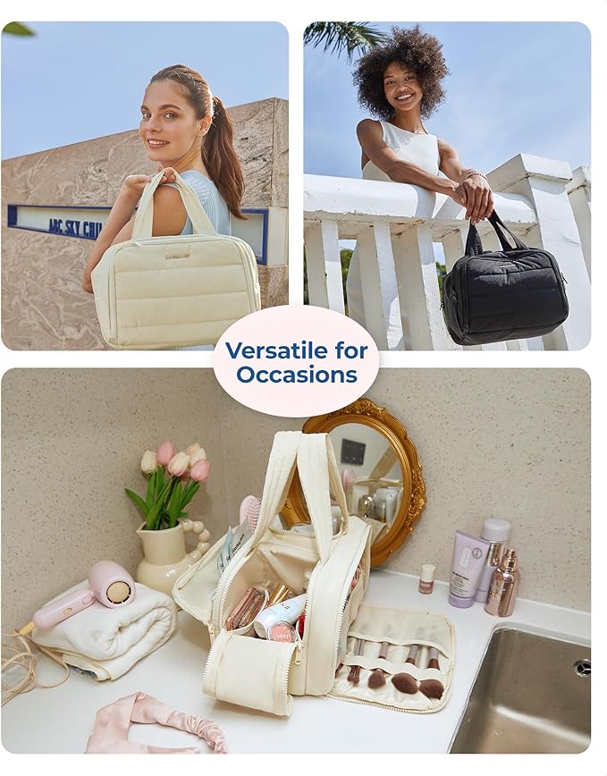 BAGSMART Travel Toiletry Bag, Crush Toiletry Bag for Women, Wide-open Puffy Toiletry Bags for Traveling, Large Travel Cosmetic Makeup Bag Organizer for Accessories,Toiletrie, Grayish Brown