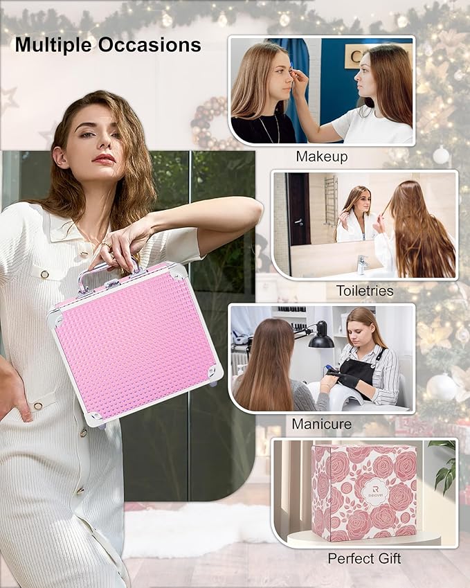 Relavel Makeup Bag with LED Mirror, Makeup Box Travel Train Case with Rechargeable Lighted Mirror, Cosmetic Brush Organizer Storage for Makeup Artists Gifts for Women and Girls, Pink