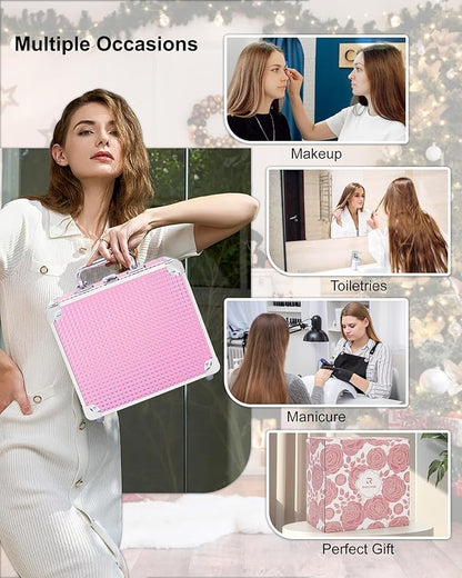 Relavel Makeup Bag with LED Mirror, Makeup Box Travel Train Case with Rechargeable Lighted Mirror, Cosmetic Brush Organizer Storage for Makeup Artists Gifts for Women and Girls, Pink