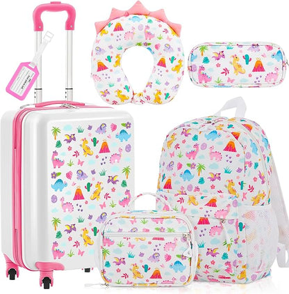 Redbaker 6 Pcs Kids Luggage Set 17 Inch Kids Rolling Luggage Double Pattern Suitcase for Girls Boys School Gift(Pale Pink,Dinosaur Style)