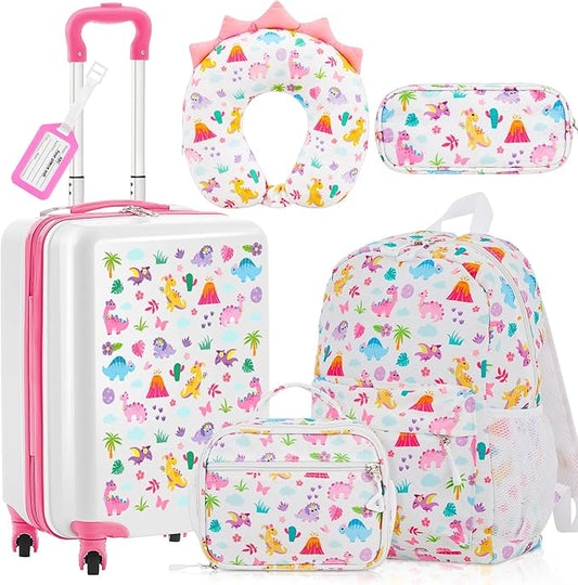 Redbaker 6 Pcs Kids Luggage Set 17 Inch Kids Rolling Luggage Double Pattern Suitcase for Girls Boys School Gift(Pale Pink,Dinosaur Style)