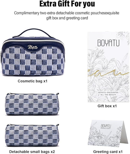 BOYATU Travel Makeup Bag for Women: Large Cosmetic Bag Set of 3 - PU Leather Make up Bag with Compartments - Compact Waterproof Toiletry Bag with Divider & Handle (D-5-Deep Blue)