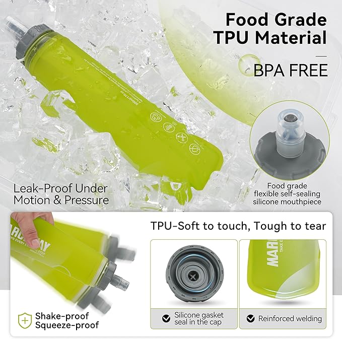 MARCHWAY Soft Hydration Flask with Wide Mouth, 300ml/500ml Collapsible TPU Water Bottle, Leakproof Portable Flexible for Running, Hiking, Cycling, Climbing, Gym, Travel (2pcs Yellow 500ml)