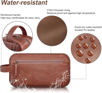 Travel Toiletry Bag for Men and Women, Travel Shaving Dopp Kit Water-resistant Bathroom Toiletries Organizer PU Leather Cosmetic Bags (Brown)