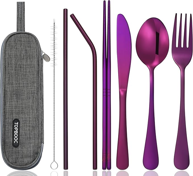 8-Piece Portable Stainless Steel Flatware Set, Travel Camping Cutlery Set with Purple Waterproof Case