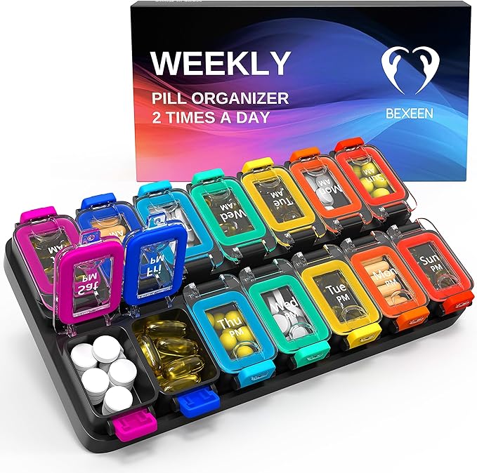 Large Weekly Pill Organizer 2 Times a Day – AM/PM Medicine Organizer with Thick Silicone Seal, Upgraded Secure Locks, Moisture-Proof Pill Box with Removable Rows for Travel, Fits Large Supplements