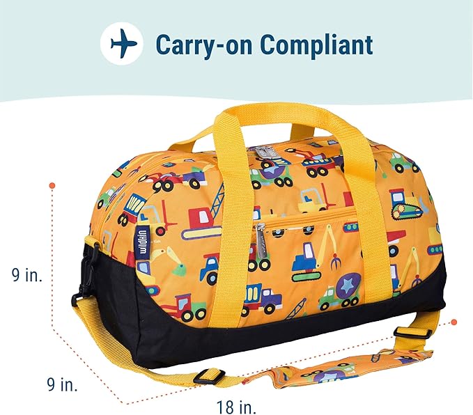 Wildkin Kids Overnighter Duffel Bag – Carry-On Size, Ideal for School & Sleepovers – Under Construction