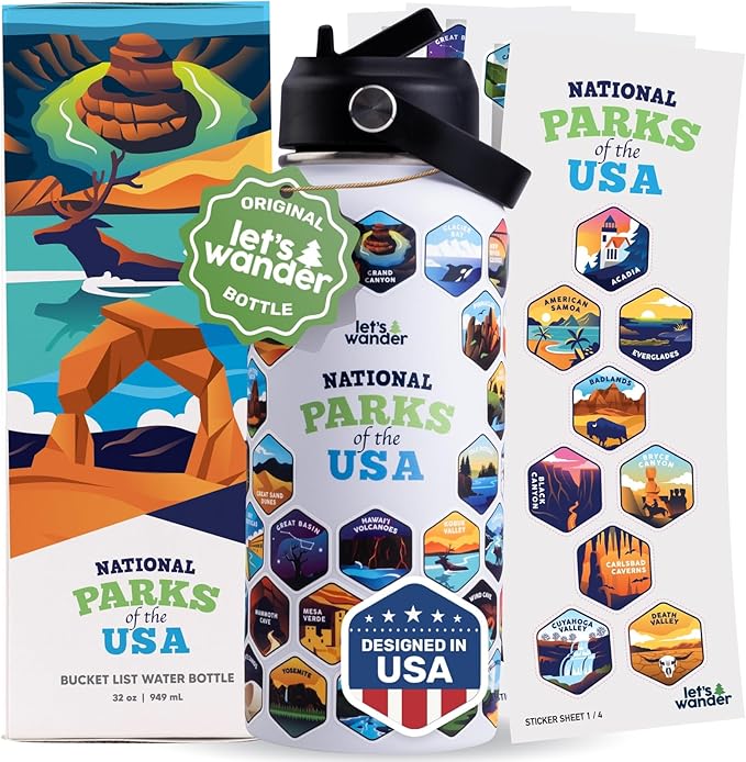 LET'S WANDER Original National Parks Water Bottle with 63 Waterproof Stickers - 32oz Leakproof Insulated Stainless Steel with Straw - USA Hiker Gift Bottle (White)