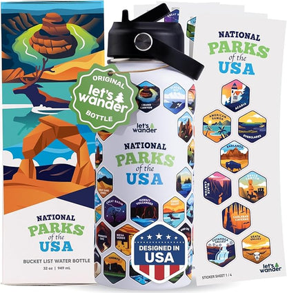 LET'S WANDER Original National Parks Water Bottle with 63 Waterproof Stickers - 32oz Leakproof Insulated Stainless Steel with Straw - USA Hiker Gift Bottle (White)