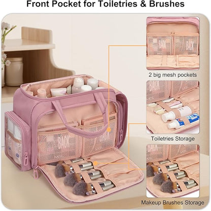 Travel Cosmetic Bag for Women, Lightweight Wide-open Makeup Travel Bags for Toiletries with 2 Removable Dividers, Large Makeup Organizer with Brushes Board, Multi Pockets for Gym, Daily, Pink