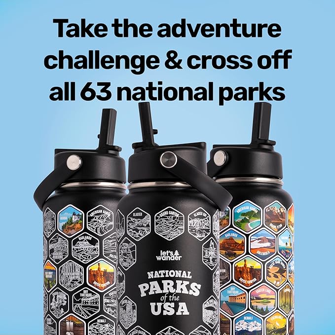 LET'S WANDER National Parks Water Bottle 2.0 Ultimate Bundle | Includes Straw Lid, Chug Lid and 2 Sets of 63 Waterproof Stickers | 32oz Leakproof Insulated Stainless Steel Gift Pack (Black)