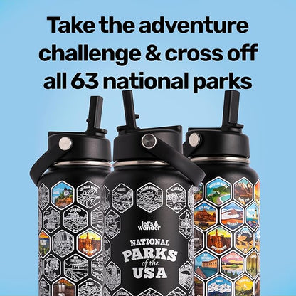 LET'S WANDER National Parks Water Bottle 2.0 Ultimate Bundle | Includes Straw Lid, Chug Lid and 2 Sets of 63 Waterproof Stickers | 32oz Leakproof Insulated Stainless Steel Gift Pack (Black)