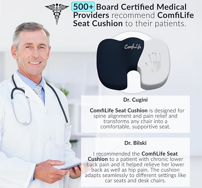 ComfiLife Premium Seat Cushion – 100% Memory Foam Office Chair Cushion, Back Relief (Navy)