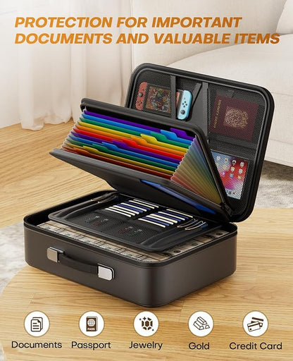 Fireproof Document Box, Hard Case Fireproof Document Organizer with Lock, Water Resistant Safe Box for Important Documents Certificates Laptop Passports, Black