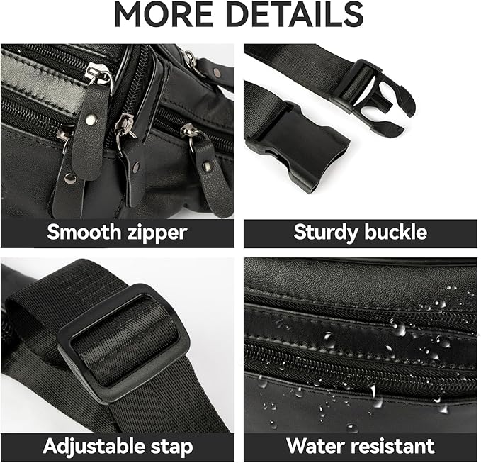 Leather Fanny Pack for Men Women,Genuine Leather Waist Belt Bag with Adjustable Strap Belt Hip Bag with Multi-Pockets for Travel Sports Running Cycling Hiking
