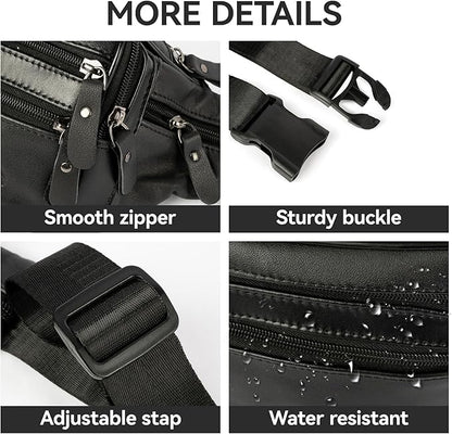 Leather Fanny Pack for Men Women,Genuine Leather Waist Belt Bag with Adjustable Strap Belt Hip Bag with Multi-Pockets for Travel Sports Running Cycling Hiking