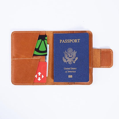 Leather Passport Holder for Travel Men - Travel Passport Wallet Compatible with Airtag Passports Cover with Card Slots & Note Compartment, Magnetic Closure, Genuine Leather, Vintage Cognac