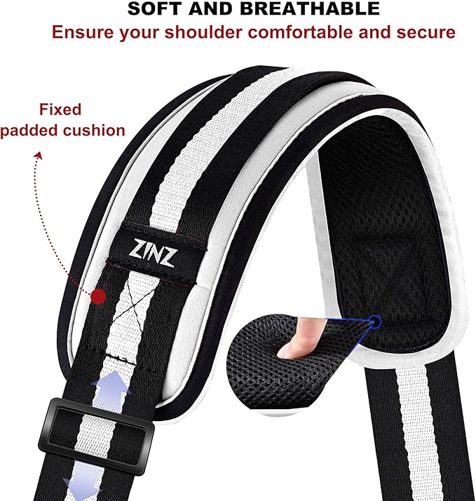 ZINZ 74" Shoulder Strap with Fixed Pad and Dual Balanced Buckles，Black-White-Black Stripe