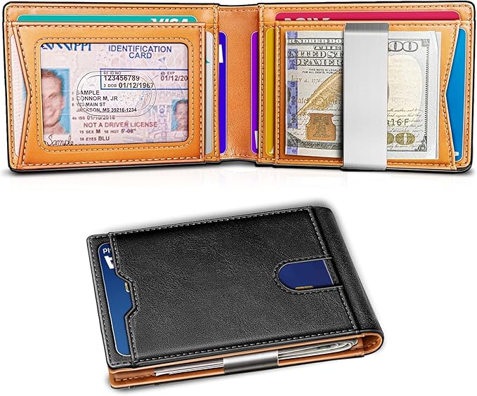 Genuine Leather Wallet for Men, Slim Bifold RFID Blocking with Zipper Coin Pocket, Minimalist Design for Travel and Daily Use (Carbon Fiber Black)