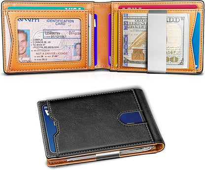 Genuine Leather Wallet for Men, Slim Bifold RFID Blocking with Zipper Coin Pocket, Minimalist Design for Travel and Daily Use (Carbon Fiber Black)