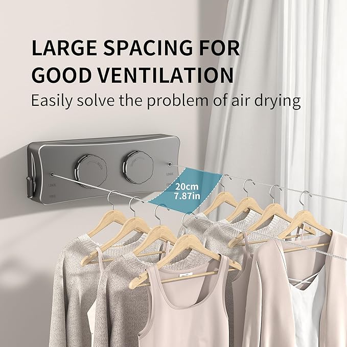 JOOM Retractable Clothesline Heavy Duty Clothes Drying Laundry Line Wall Mounted Easy Hanging Clothes Drying Laundry Line Retracting Hanging Lock to Prevent Sagging (Two line,Grey)