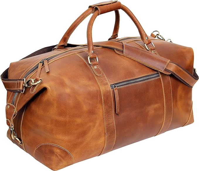 24 Inch Genuine Buffalo Leather Travel Duffle Bag, Overnight Weekend Leather Bag Sports Gym Duffel for Men, Airplane Under Seat Carry on Bags (Tan)