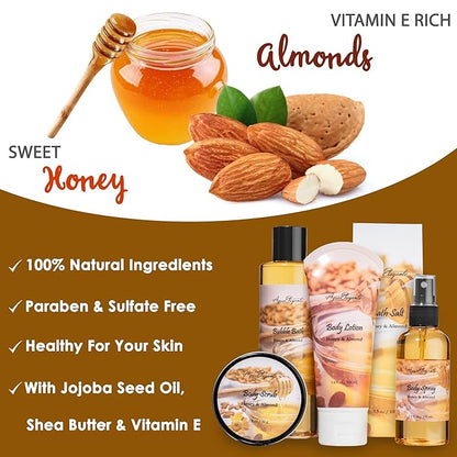Spa Gift Baskets For Women - Luxury Bath Set With Honey & Almond - Spa Kit Includes Body Wash, Bubble Bath, Lotion, Bath Salts, Body Scrub, Body Spray, Shower Puff, and Towel