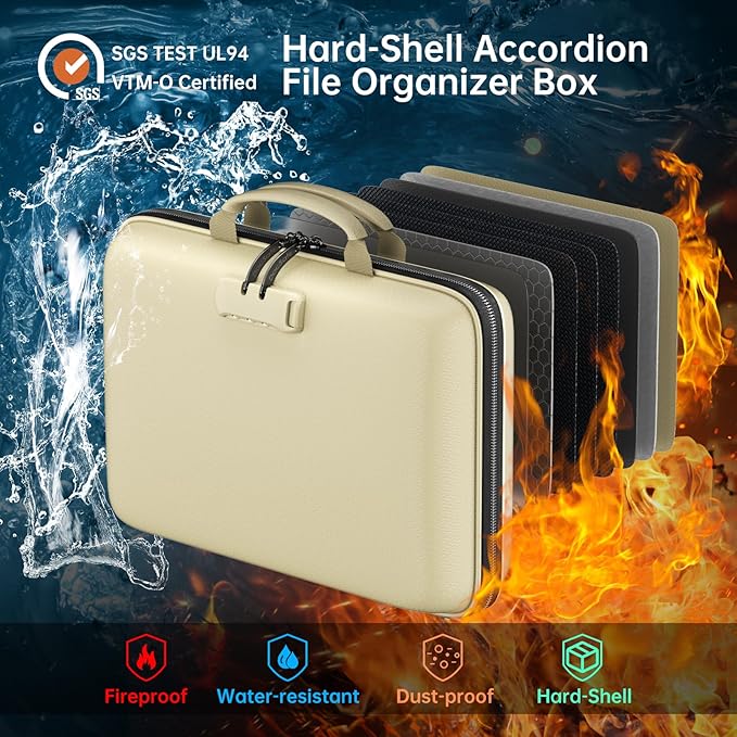 DocSafe Fireproof File Organizer with Lock, Hard-Shell Case Fireproof Document Box with 13 Pocket Accordion File Folder, Portable Home Office Travel Safe Storage for Important Documents Laptop Beige
