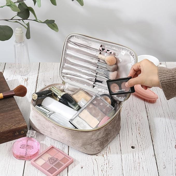 Personalized Name Makeup Bags - Monogrammed Gift for Women Girls Cosmetic Bag with Zipper Gift Ideal for Teen Girls Women Birthday Friend Mom (Khaki)