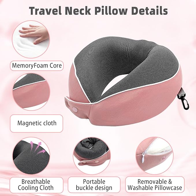 Memory Foam Neck Pillow Travel - Travel Pillows for Airplanes with Round Storage Box, 360° Ergonomic Support for Sleeping on Long Flights, Compact & Portable (Pink)
