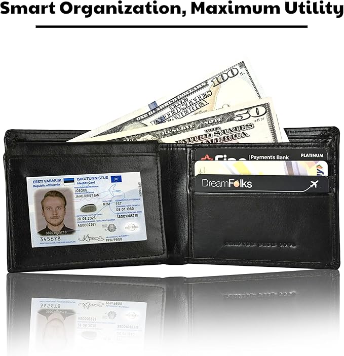 Hum & Hide Full-Grain Leather Wallet for Men – RFID Blocking Slim Bifold Wallet with ID Window, 8 Card Slots & Cash Compartment – Minimalist Black Leather Gift Wallet