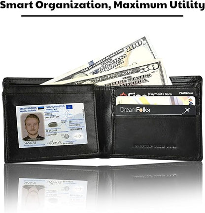 Hum & Hide Full-Grain Leather Wallet for Men – RFID Blocking Slim Bifold Wallet with ID Window, 8 Card Slots & Cash Compartment – Minimalist Black Leather Gift Wallet