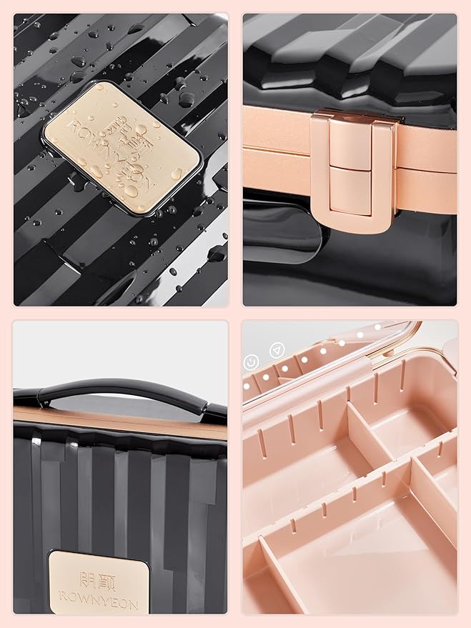 ROWNYEON Travel Makeup Case With Light Up Mirror Removable divider Portable Train Case Organizer Makeup Box for Girls Makeup Artist, Hairstylist Travel Makeup Case with 10x Mirror (Black)