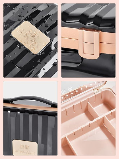 ROWNYEON Travel Makeup Case With Light Up Mirror Removable divider Portable Train Case Organizer Makeup Box for Girls Makeup Artist, Hairstylist Travel Makeup Case with 10x Mirror (Black)