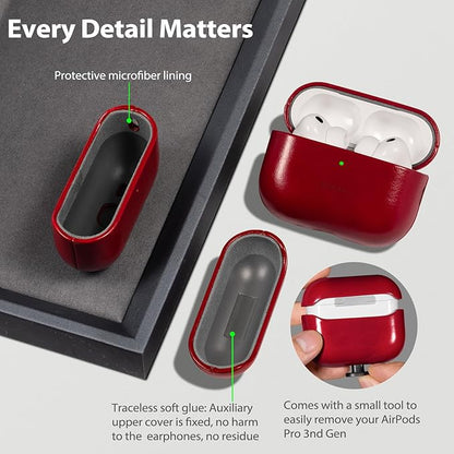 Belemay Handcrafted Oil-Waxed Leather Case for AirPods Pro 3rd Gen (2025), Genuine Cowhide, Smooth Glossy Lively Two-Tone Patina, Compatible with MagSafe, Compatible with Airpods Pro 3, Crimson Red