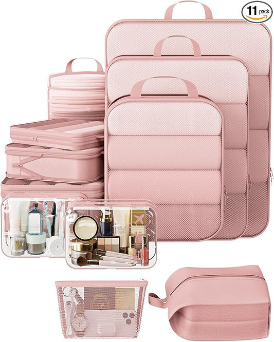 Veken 11 Set Compression Packing Cubes for Travel Essentials,Compressible Expandable Large Luggage Suitcase Organizer Bags for Clothing,Durable Space Saver Storage Bags with Toiletry Bags(Pink)