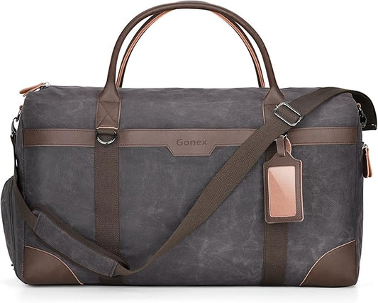 Gonex Waxed Canvas Duffle Bag for Travel, Water-resistant Vintage 55L Duffel Weekender with Shoes Compartment & Luggage Tag, Heavy-duty Overnight Bag with Suitcase Handle Sleeve for Men, Dark Grey