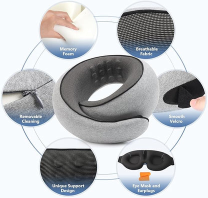Advanced Memory Foam Neck Travel Pillow, Neck Pillow Airplane with Eye Mask & Ear Plugs, Designed for The Comfort of Travel & Office, Travel Pillow for Plane, Car, Home, Work, Grey