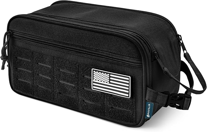 PAVILIA Extra Large Tactical Toiletry Bag for Men, Travel Hygiene Bag, Military Gear Dopp Kit, Molle Accessories Pouch, Shaving Grooming Essentials Gym Bathroom Shower Toiletries Tool EDC, Black XL