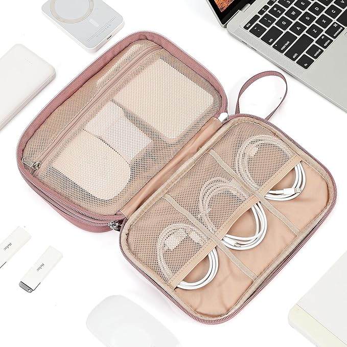 NISHEL Travel Cord Organizer Case, Double Layers Tech Electronic Bag, Essentials for Charger, Cable, Phone, Flash drive, Large, Rose-wood Pink