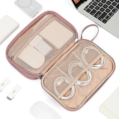 NISHEL Travel Cord Organizer Case, Double Layers Tech Electronic Bag, Essentials for Charger, Cable, Phone, Flash drive, Large, Rose-wood Pink