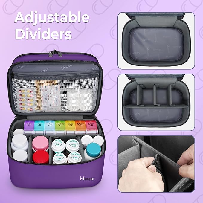 Mancro Dual Layers Pill Bottle Organizer Bag, Medicine Pill Organizer Bag with Lockable Zipper, Medicine Travel Bag for Pills, Vitamins, Pill Cutters, Medical Supply for Home Storage, Purple