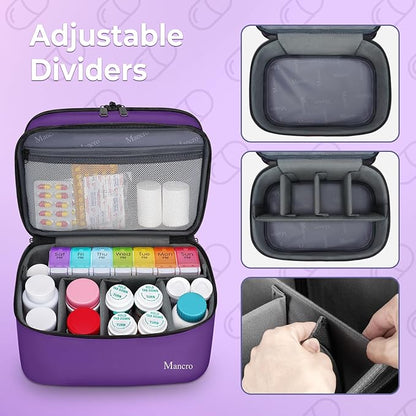 Mancro Dual Layers Pill Bottle Organizer Bag, Medicine Pill Organizer Bag with Lockable Zipper, Medicine Travel Bag for Pills, Vitamins, Pill Cutters, Medical Supply for Home Storage, Purple