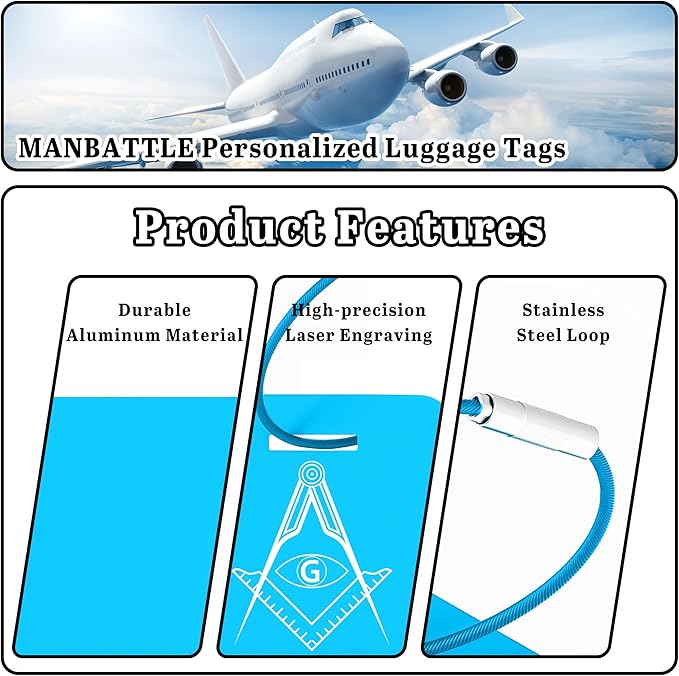 4 Pack Personalized Luggage Tags for Suitcases, Custom Aluminum Luggage Tags for Bags and Backpacks, Waterproof & Heavy Duty Personalized Metal Name Tags for Travel (Lake Blue)